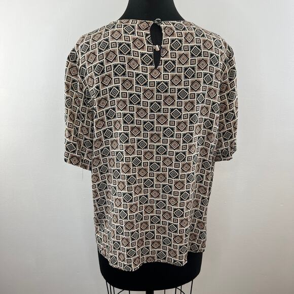 VTG Quo-Silk Brown Brown Diamond Geometric Short Sleeve Blouse Top Vintage M - Picture 5 of 7